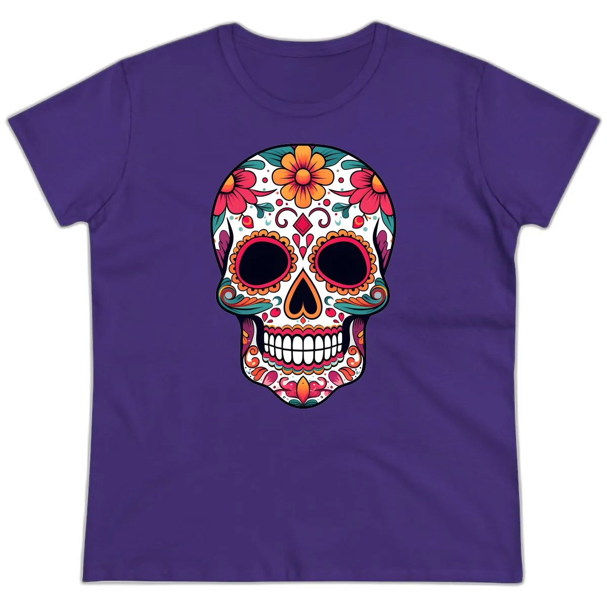 Vibrant Floral Calavera Day of the Dead Skull Ladies Tee in Purple