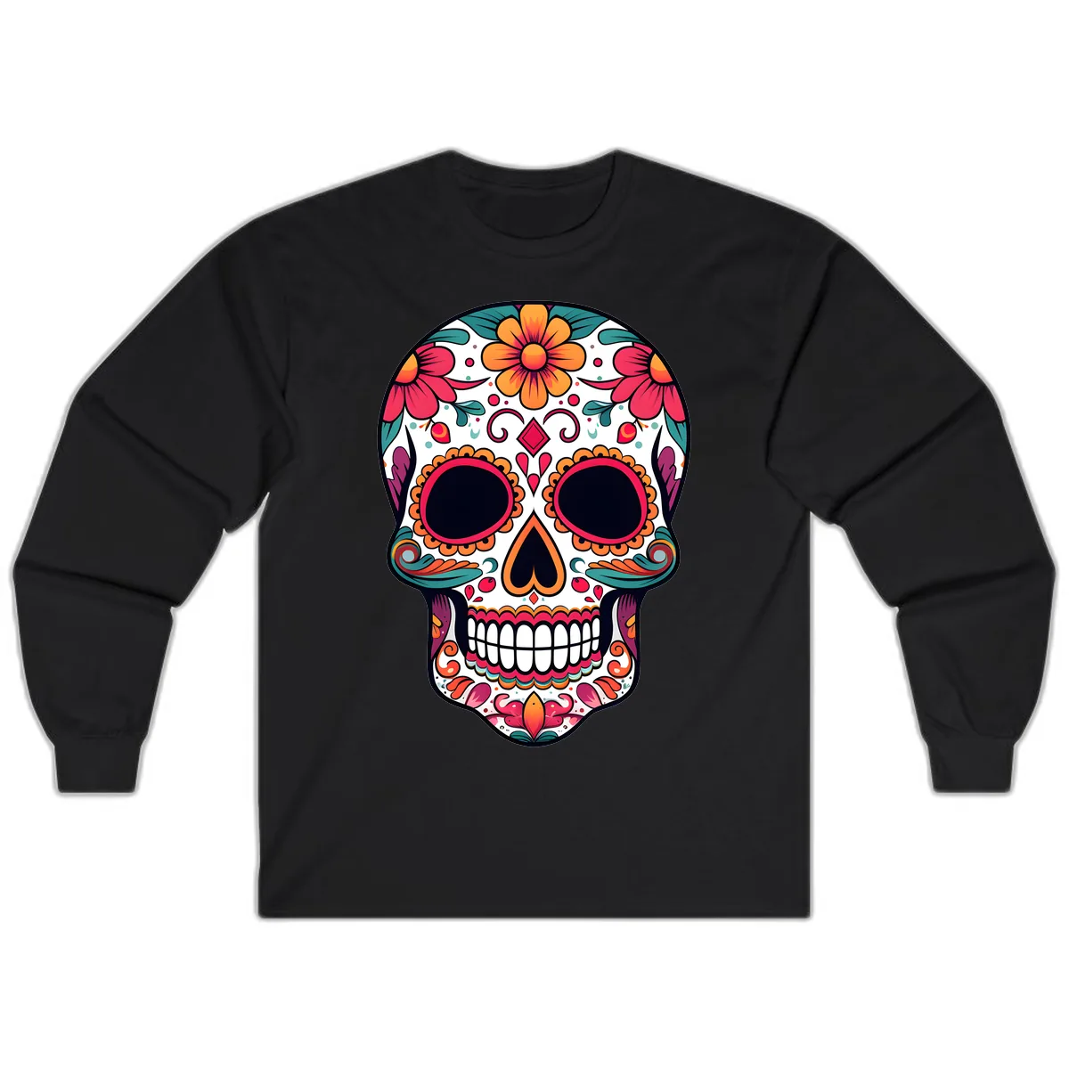 Vibrant Floral Calavera Day of the Dead Skull Long Sleeve in Black