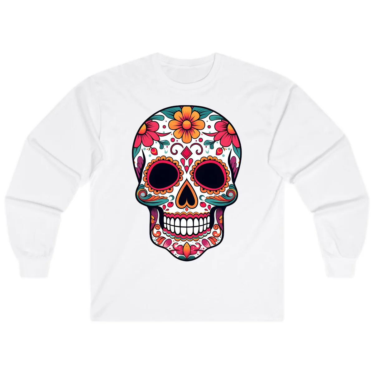 Vibrant Floral Calavera Day of the Dead Skull Long Sleeve in White