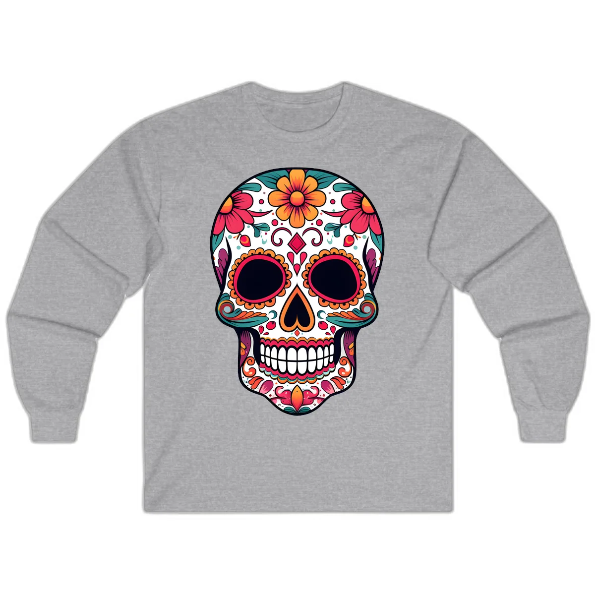 Vibrant Floral Calavera Day of the Dead Skull Long Sleeve in Sport Grey