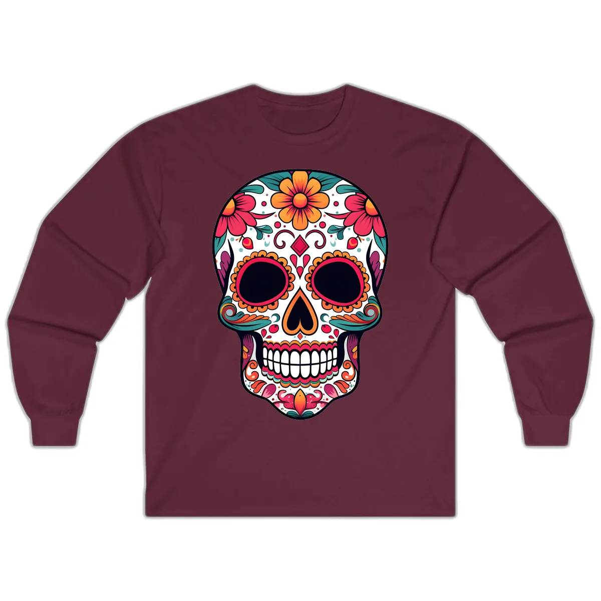 Vibrant Floral Calavera Day of the Dead Skull Long Sleeve in Maroon
