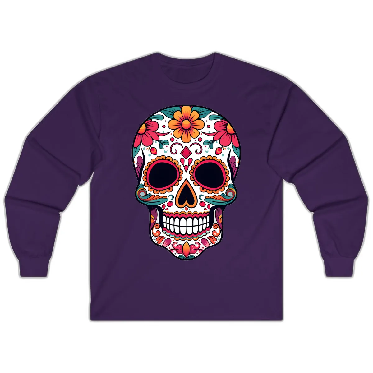 Vibrant Floral Calavera Day of the Dead Skull Long Sleeve in Purple