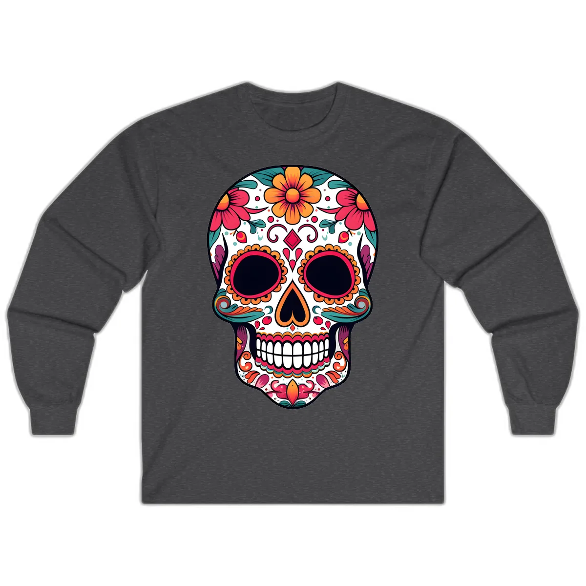 Vibrant Floral Calavera Day of the Dead Skull Long Sleeve in Dark Heather