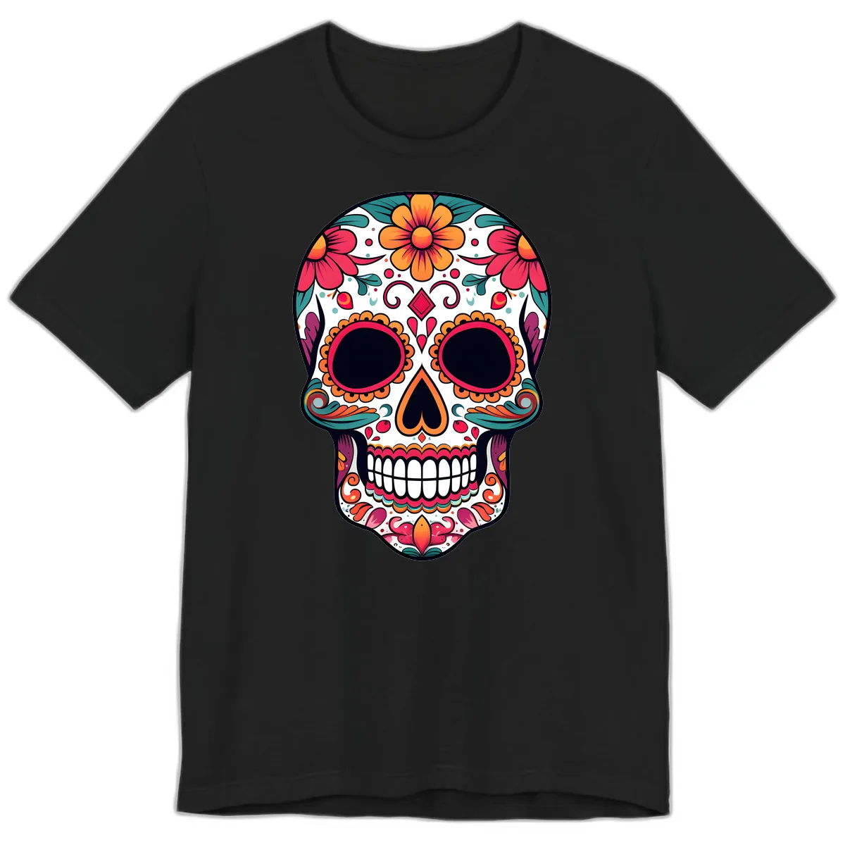 Vibrant Floral Calavera Day of the Dead Skull Premium T-Shirt in Black