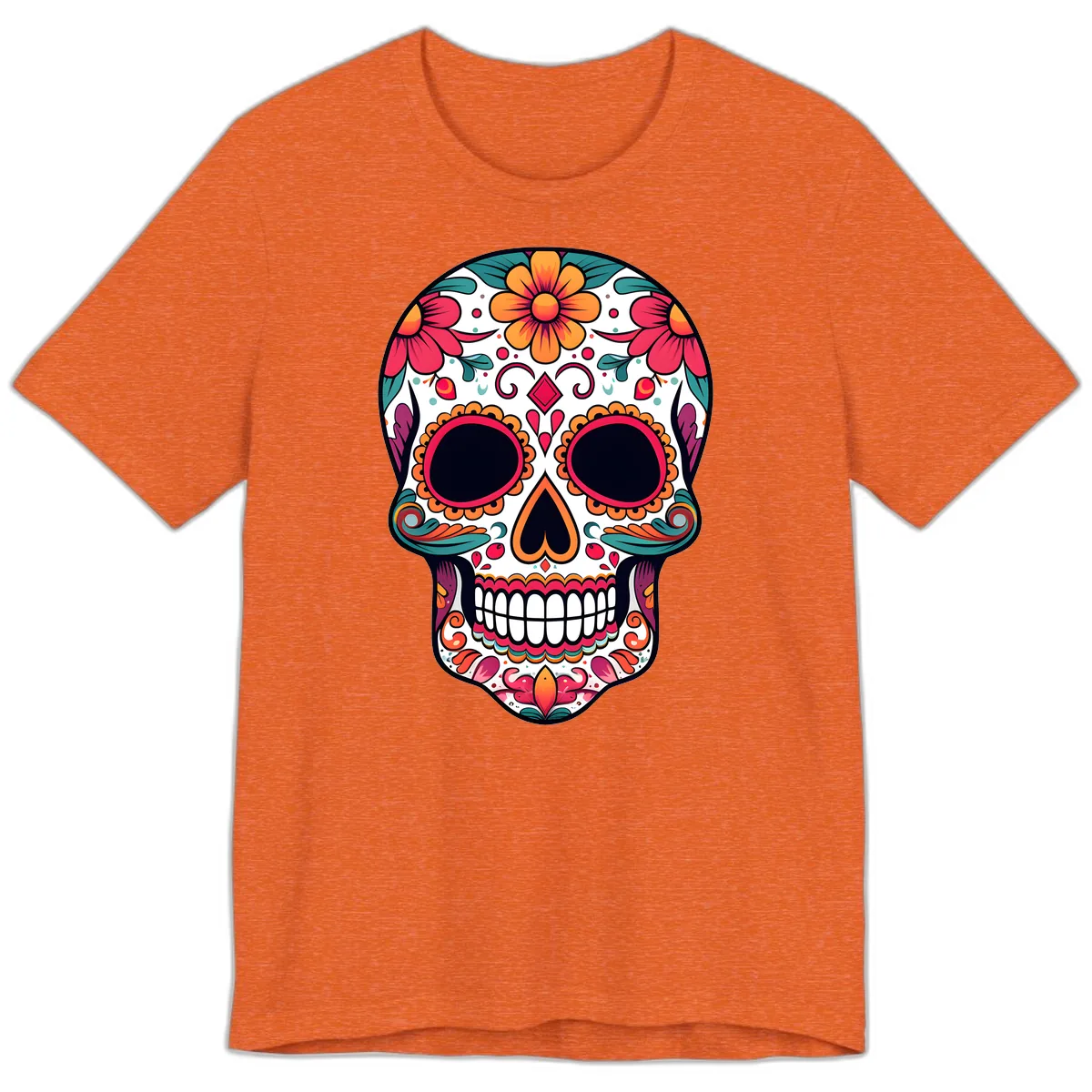 Vibrant Floral Calavera Day of the Dead Skull Premium T-Shirt in Heather Orange