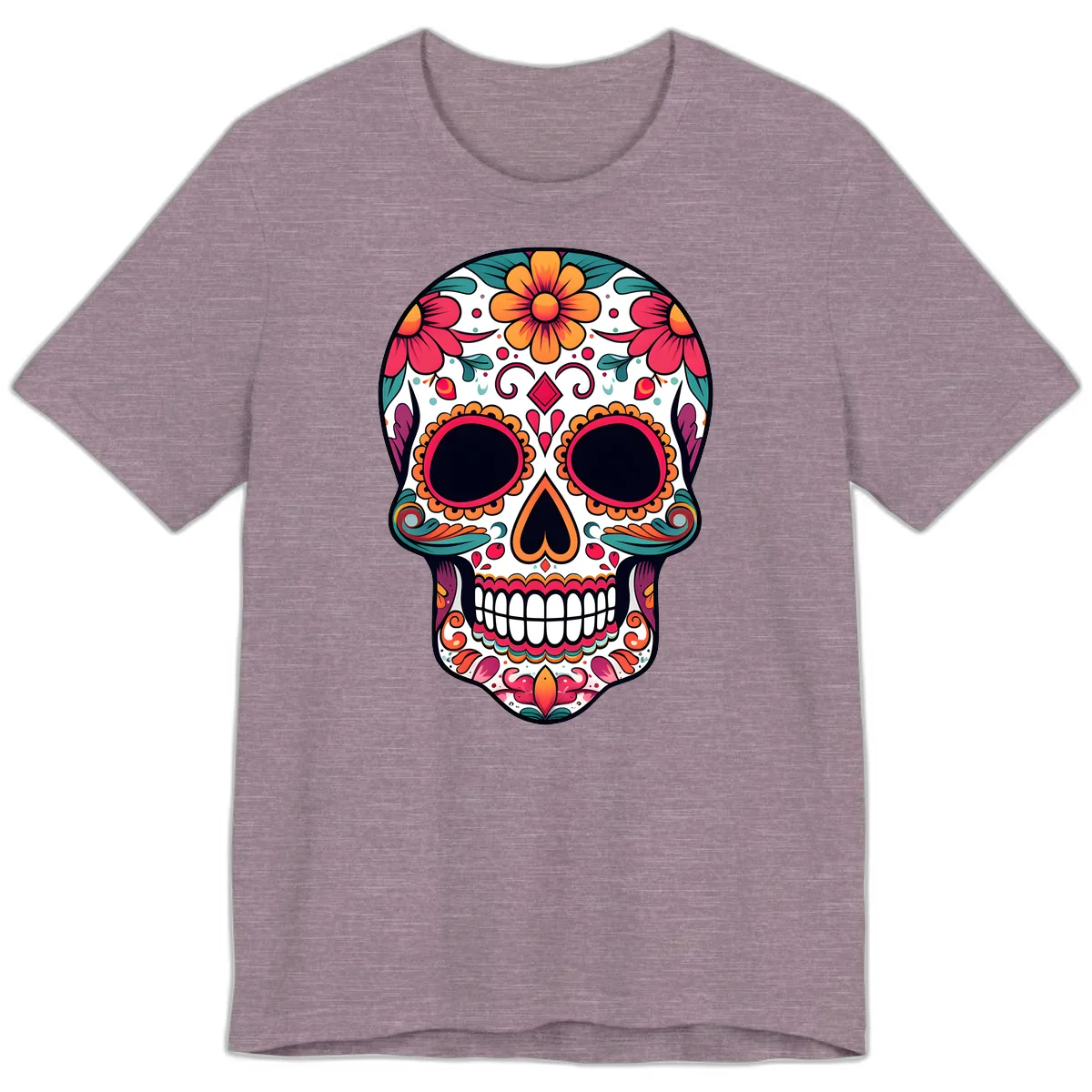 Vibrant Floral Calavera Day of the Dead Skull Premium T-Shirt in Heather Purple