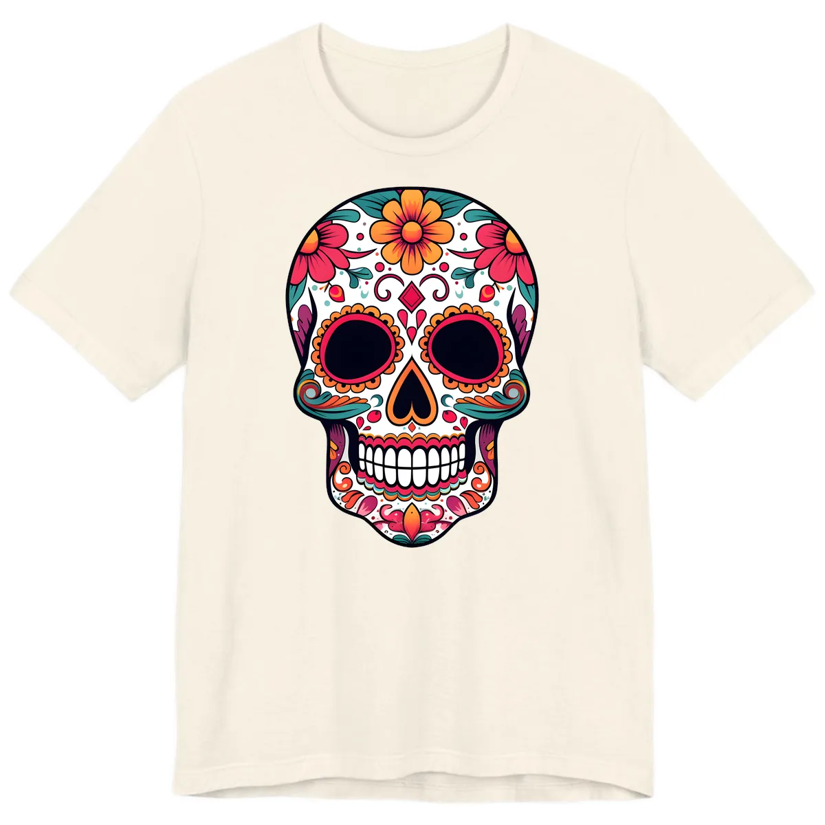 Vibrant Floral Calavera Day of the Dead Skull Premium T-Shirt in Natural