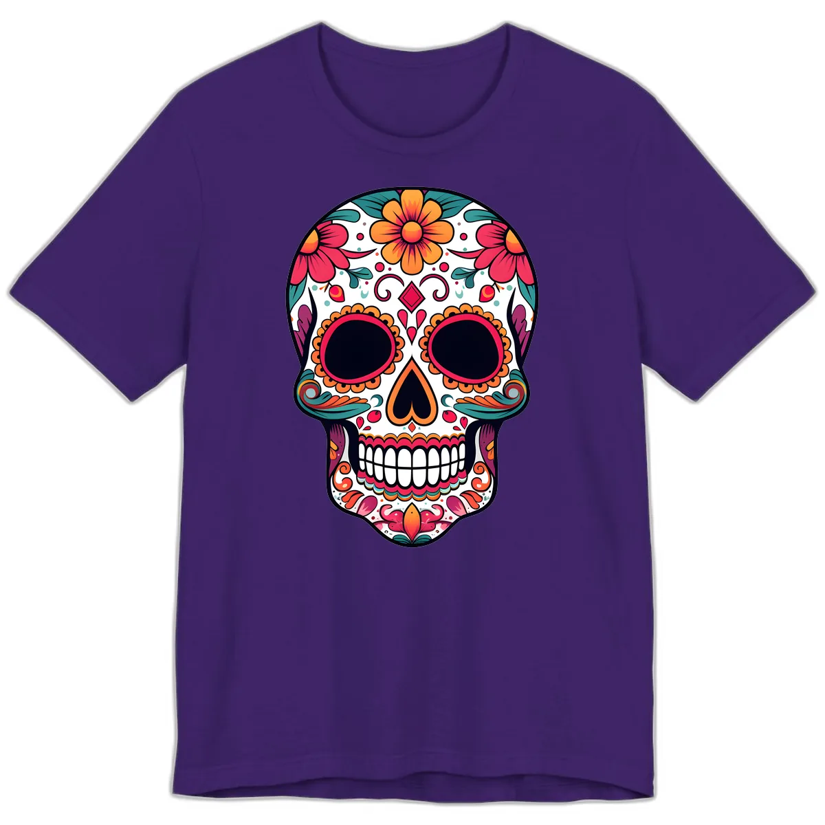 Vibrant Floral Calavera Day of the Dead Skull Premium T-Shirt in Team Purple