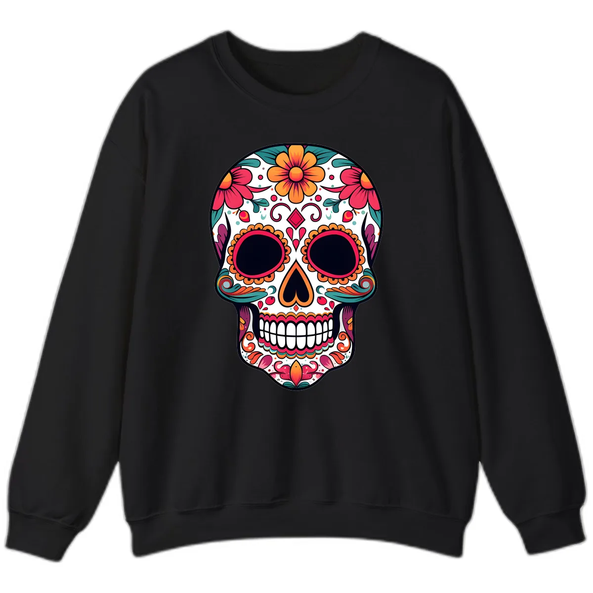 Vibrant Floral Calavera Day of the Dead Skull Sweatshirt in Black