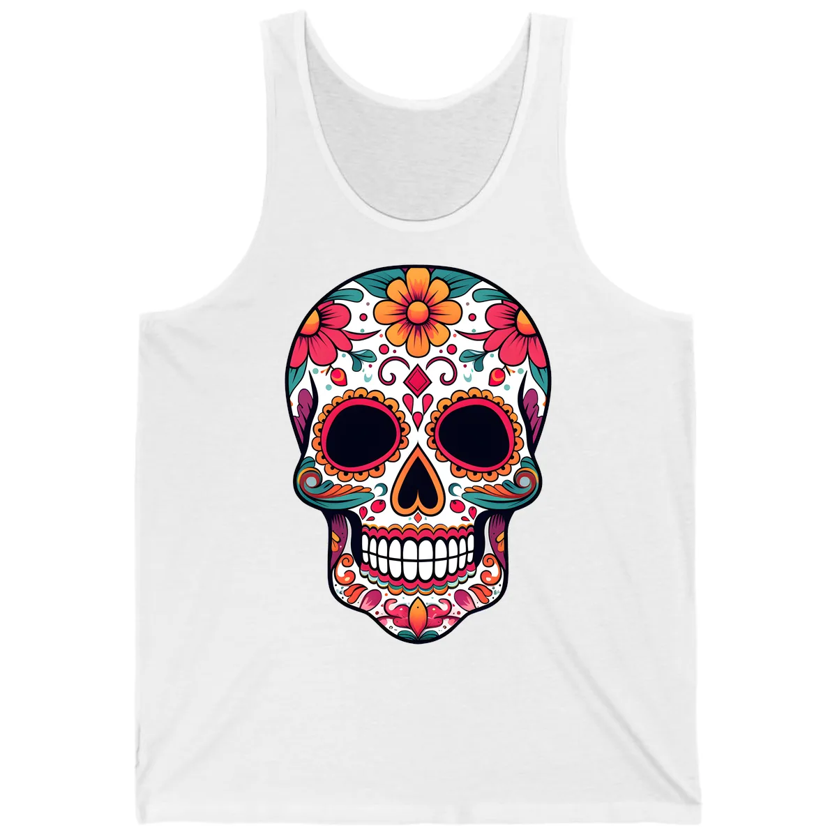 Vibrant Floral Calavera Day of the Dead Skull Tank in White