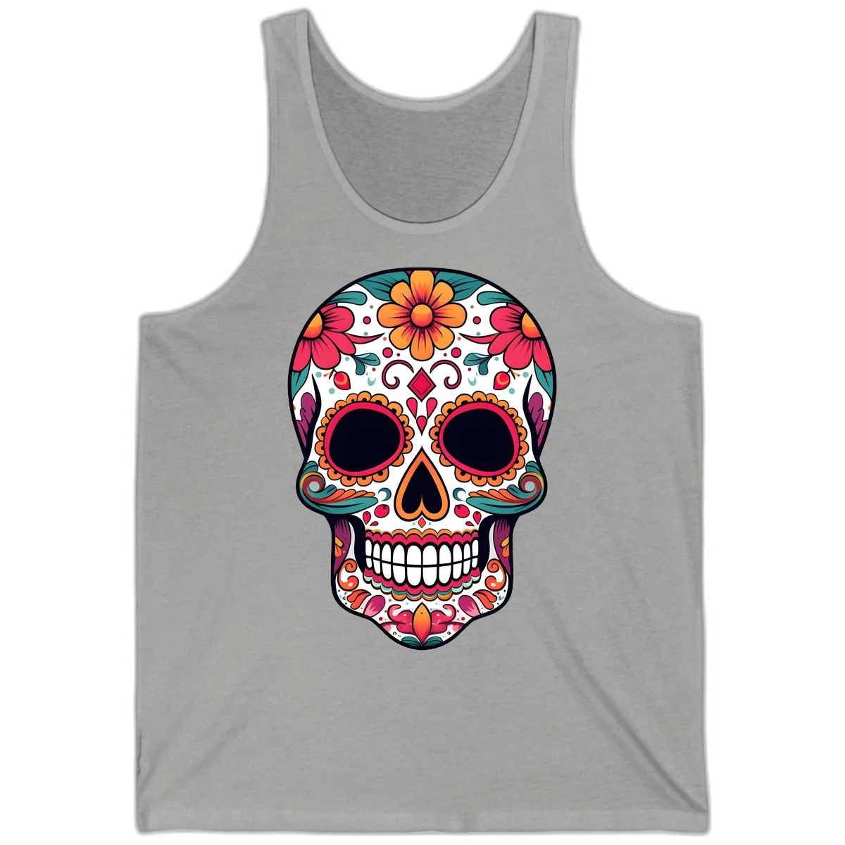 Vibrant Floral Calavera Day of the Dead Skull Tank in Athletic Heather