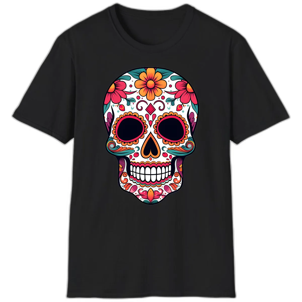 Vibrant Floral Calavera Day of the Dead Skull T-Shirt in Black