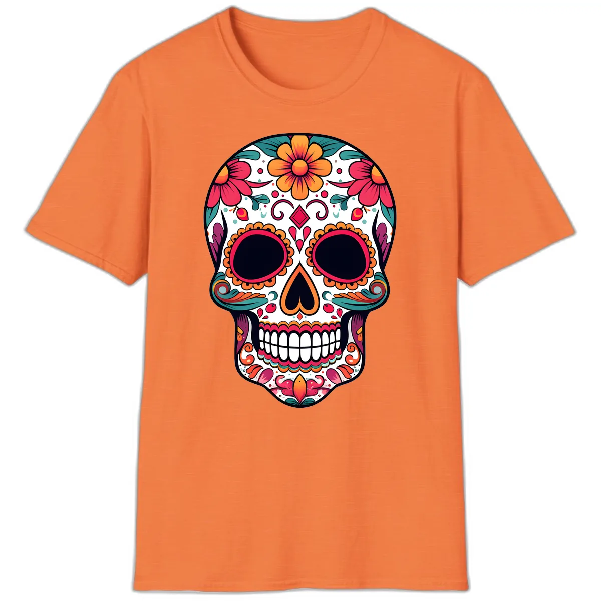 Vibrant Floral Calavera Day of the Dead Skull T-Shirt in Heather Orange