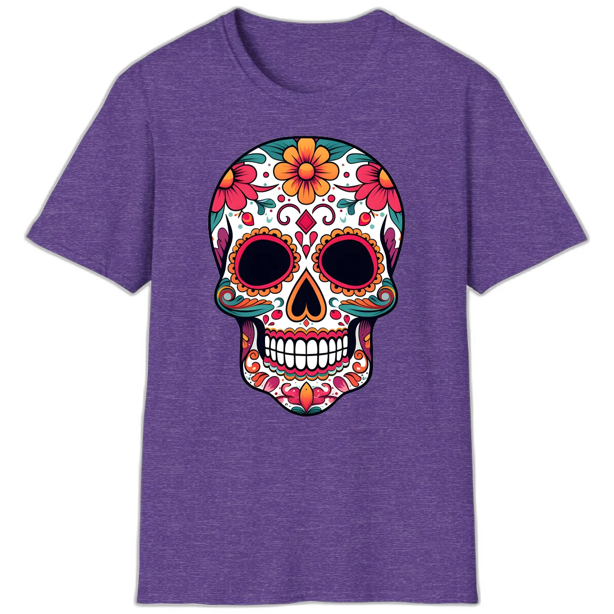 Vibrant Floral Calavera Day of the Dead Skull T-Shirt in Heather Purple