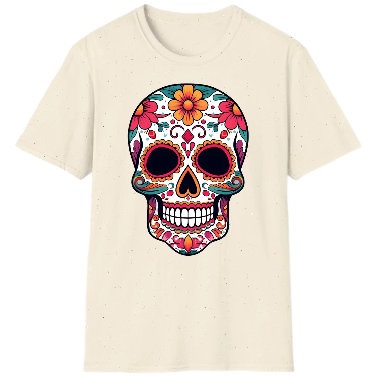 Vibrant Floral Calavera Day of the Dead Skull T-Shirt in Natural