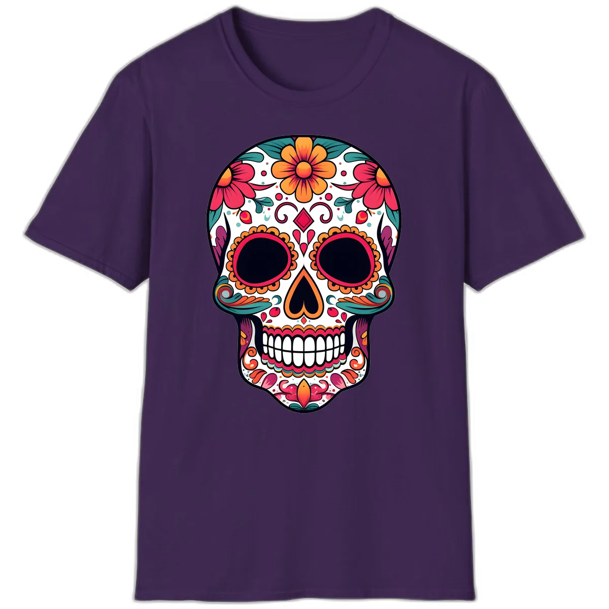 Vibrant Floral Calavera Day of the Dead Skull T-Shirt in Purple
