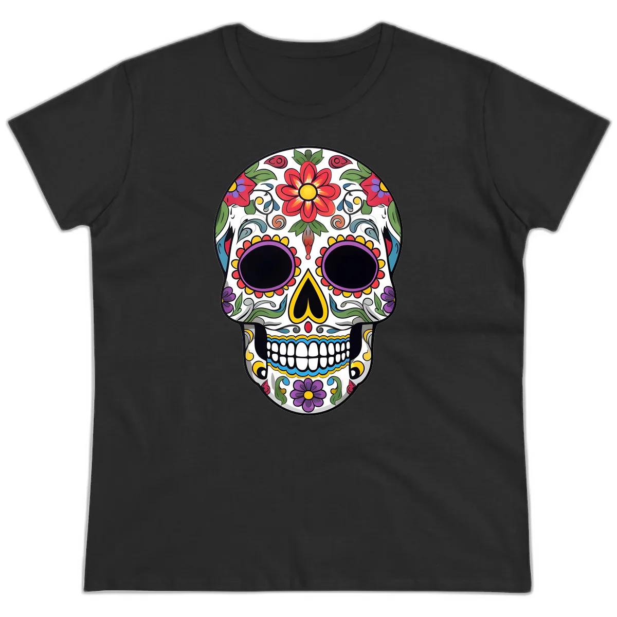 Vibrant Floral Calavera Sugar Skull Ladies Tee in Black
