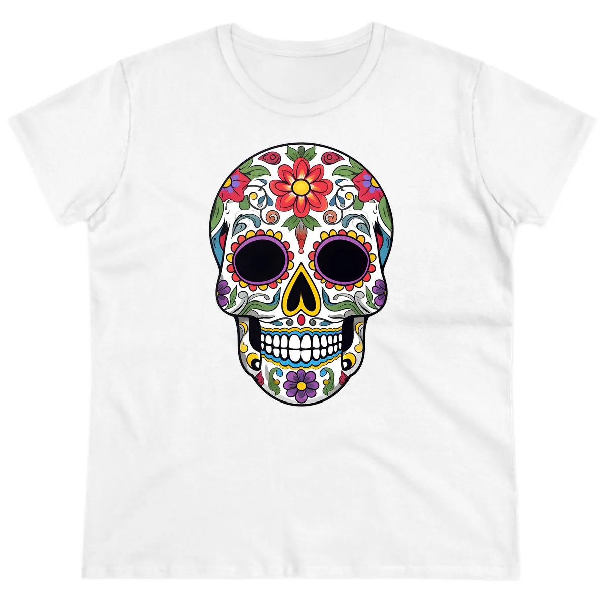 Vibrant Floral Calavera Sugar Skull Ladies Tee in White
