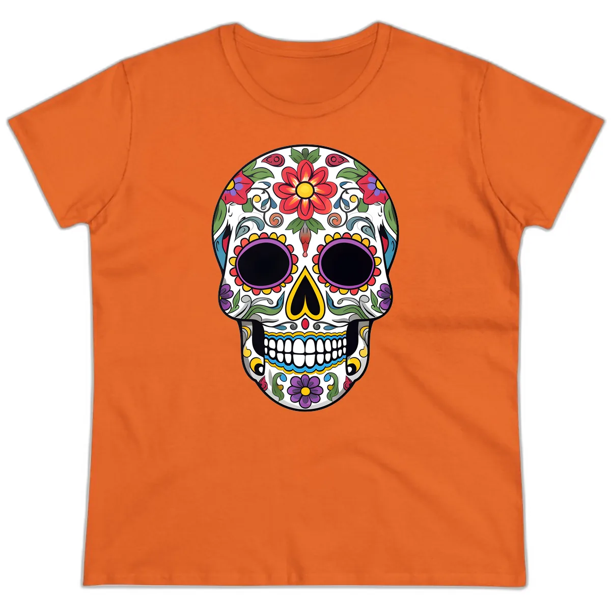 Vibrant Floral Calavera Sugar Skull Ladies Tee in Orange