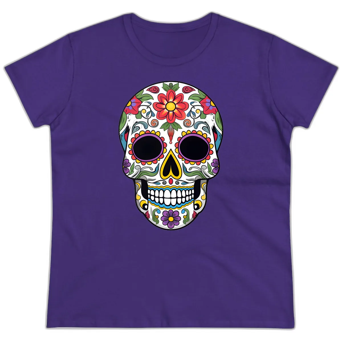Vibrant Floral Calavera Sugar Skull Ladies Tee in Purple