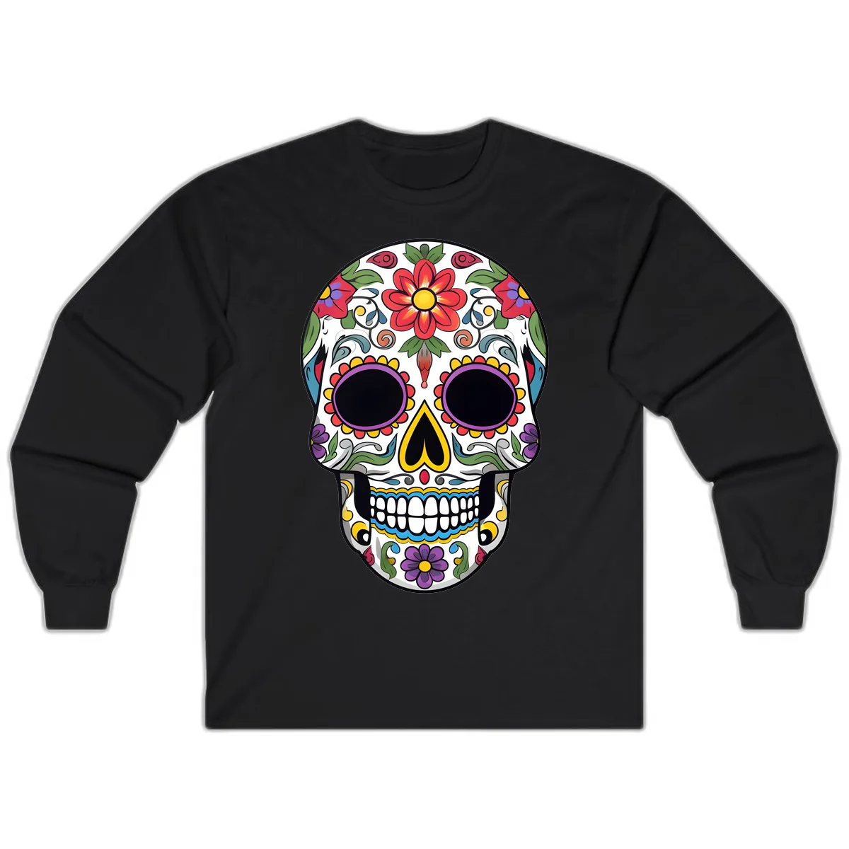 Vibrant Floral Calavera Sugar Skull Long Sleeve in Black