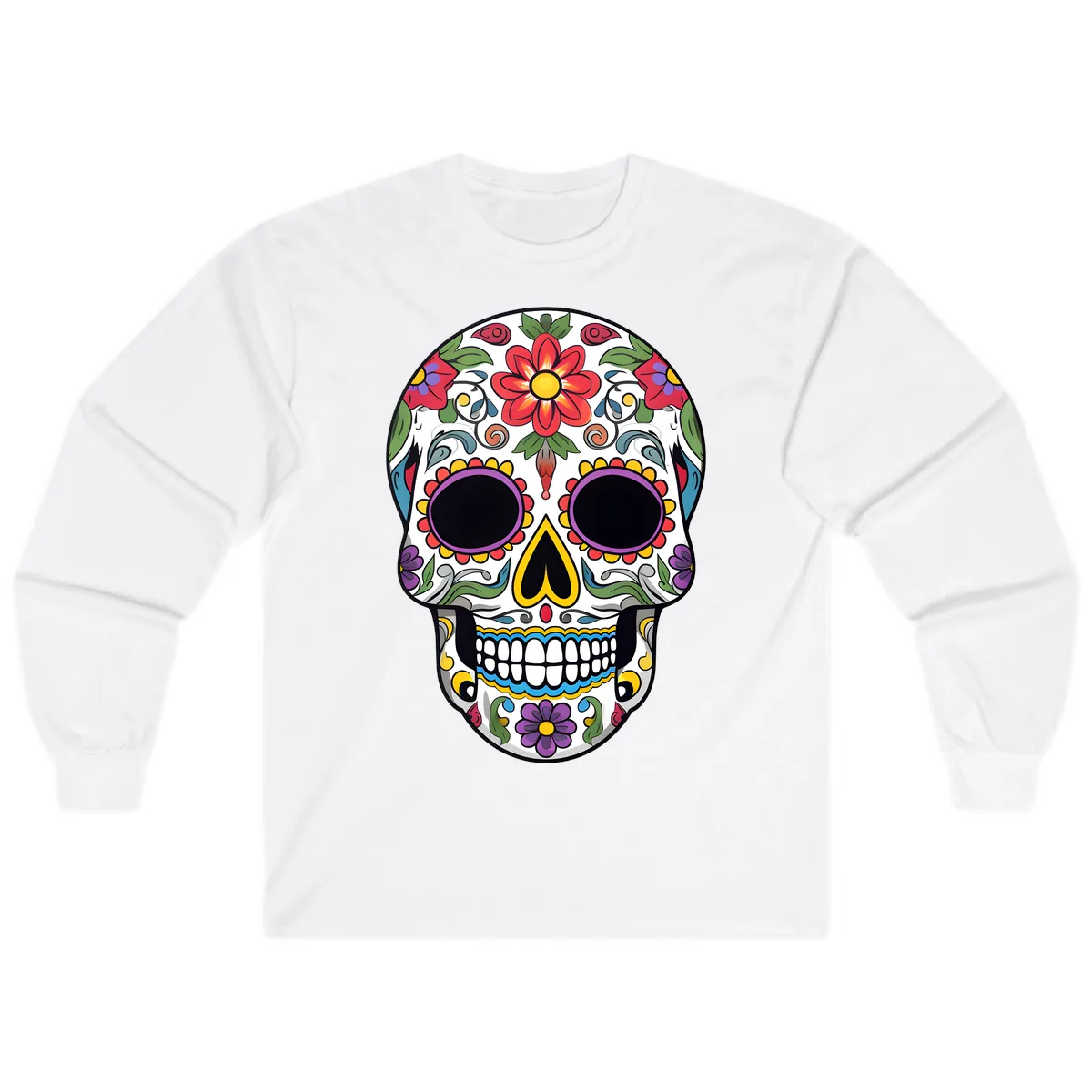 Vibrant Floral Calavera Sugar Skull Long Sleeve in White
