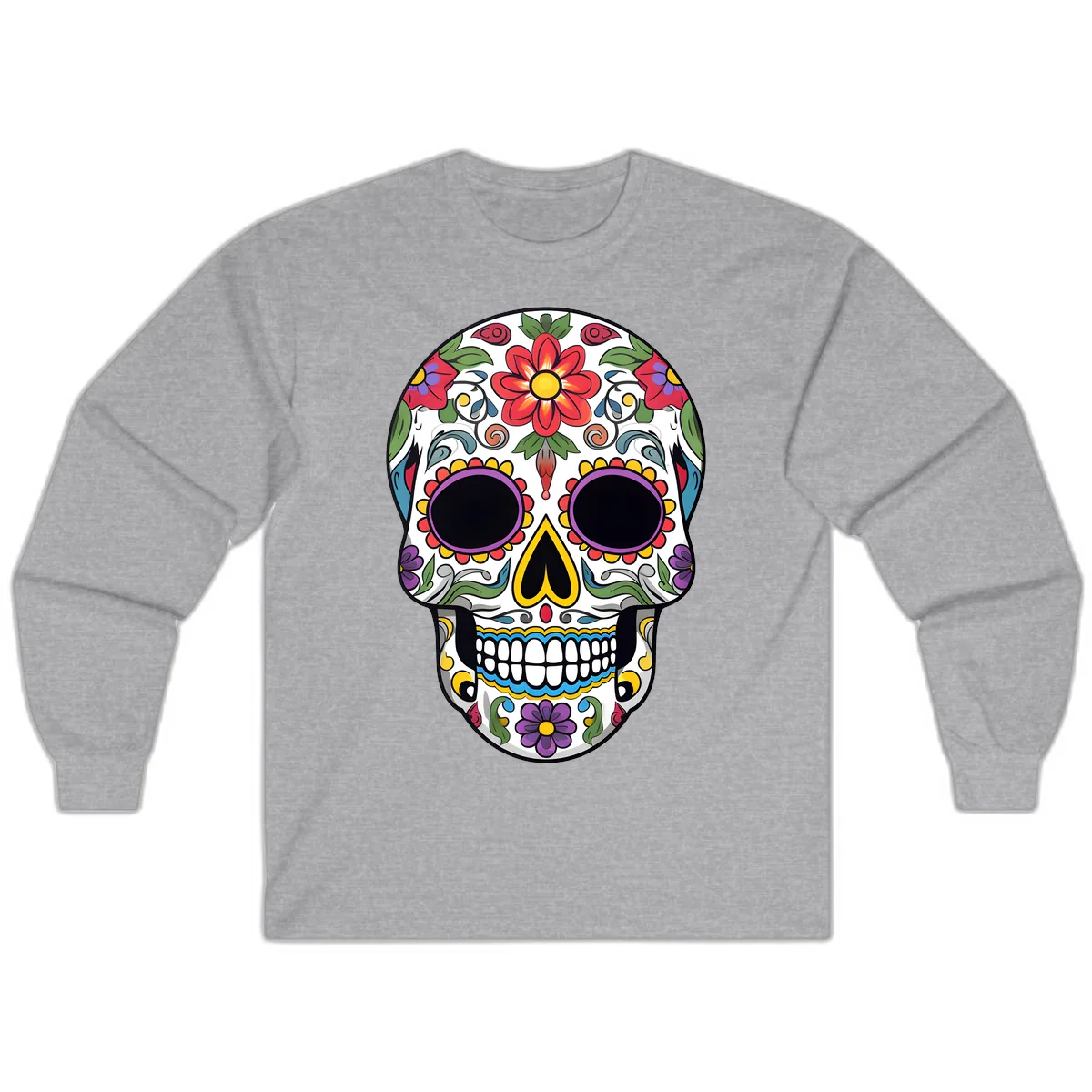 Vibrant Floral Calavera Sugar Skull Long Sleeve in Sport Grey