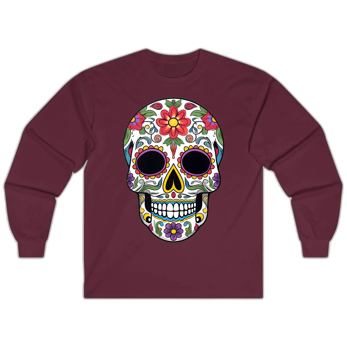 Vibrant Floral Calavera Sugar Skull Long Sleeve in Maroon