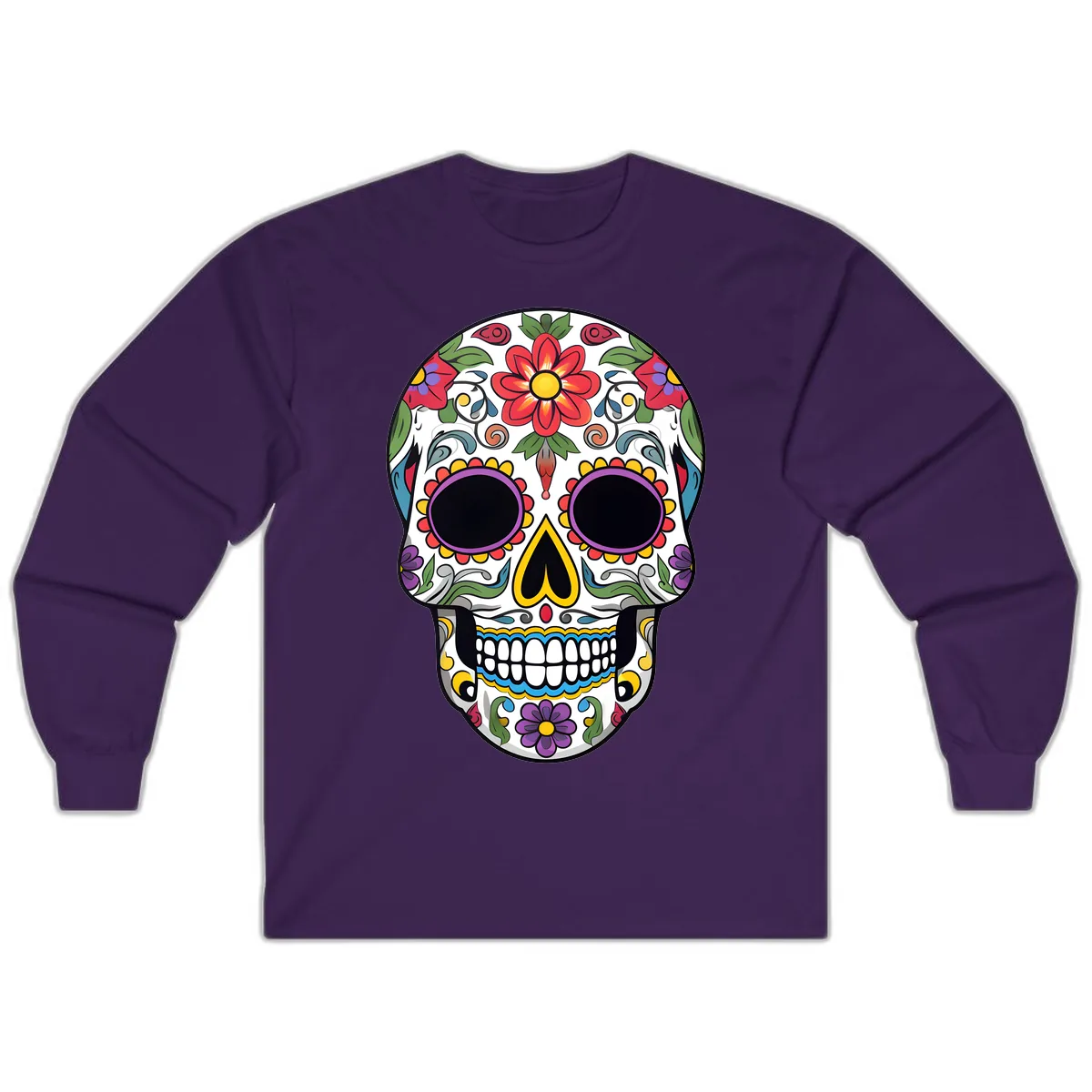 Vibrant Floral Calavera Sugar Skull Long Sleeve in Purple