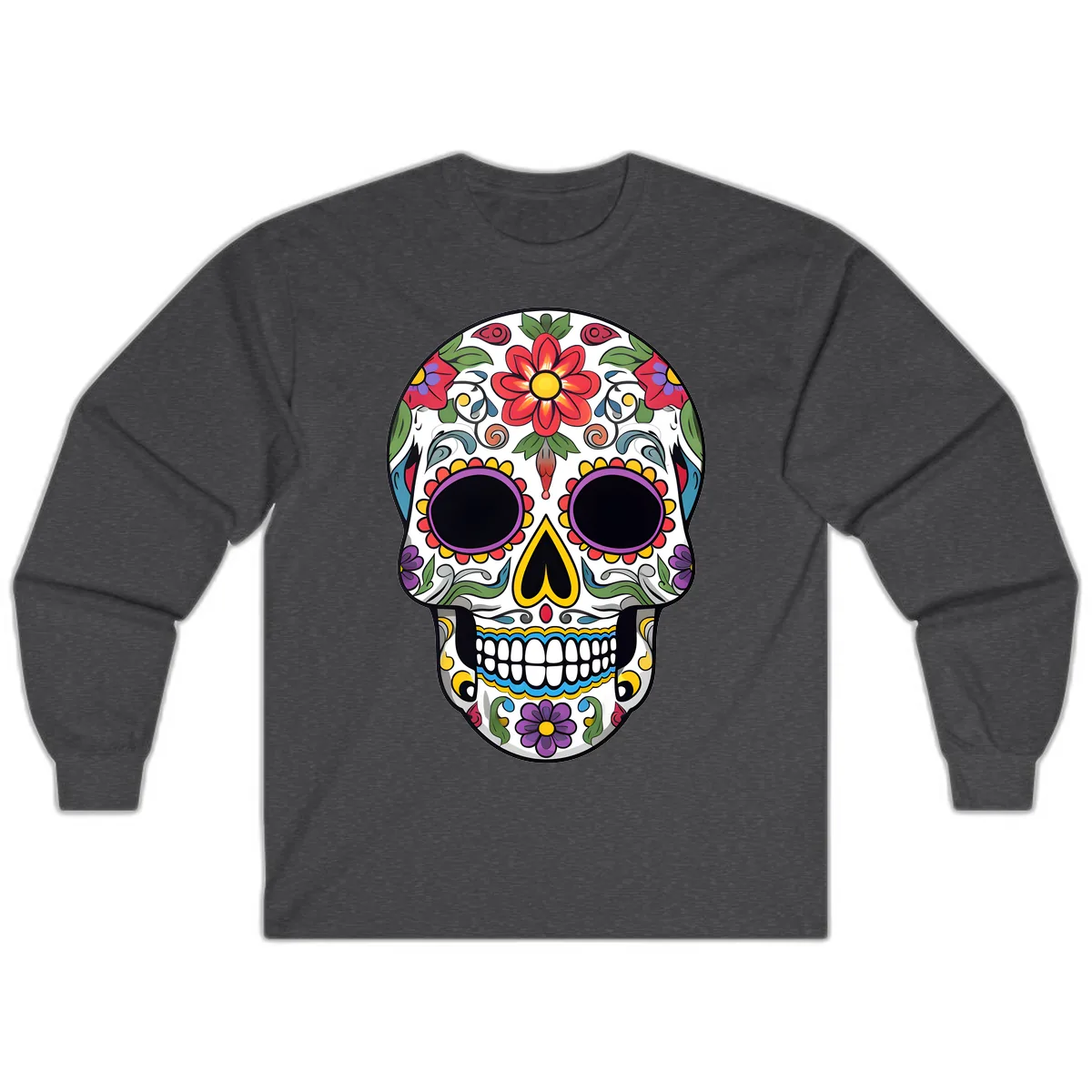 Vibrant Floral Calavera Sugar Skull Long Sleeve in Dark Heather