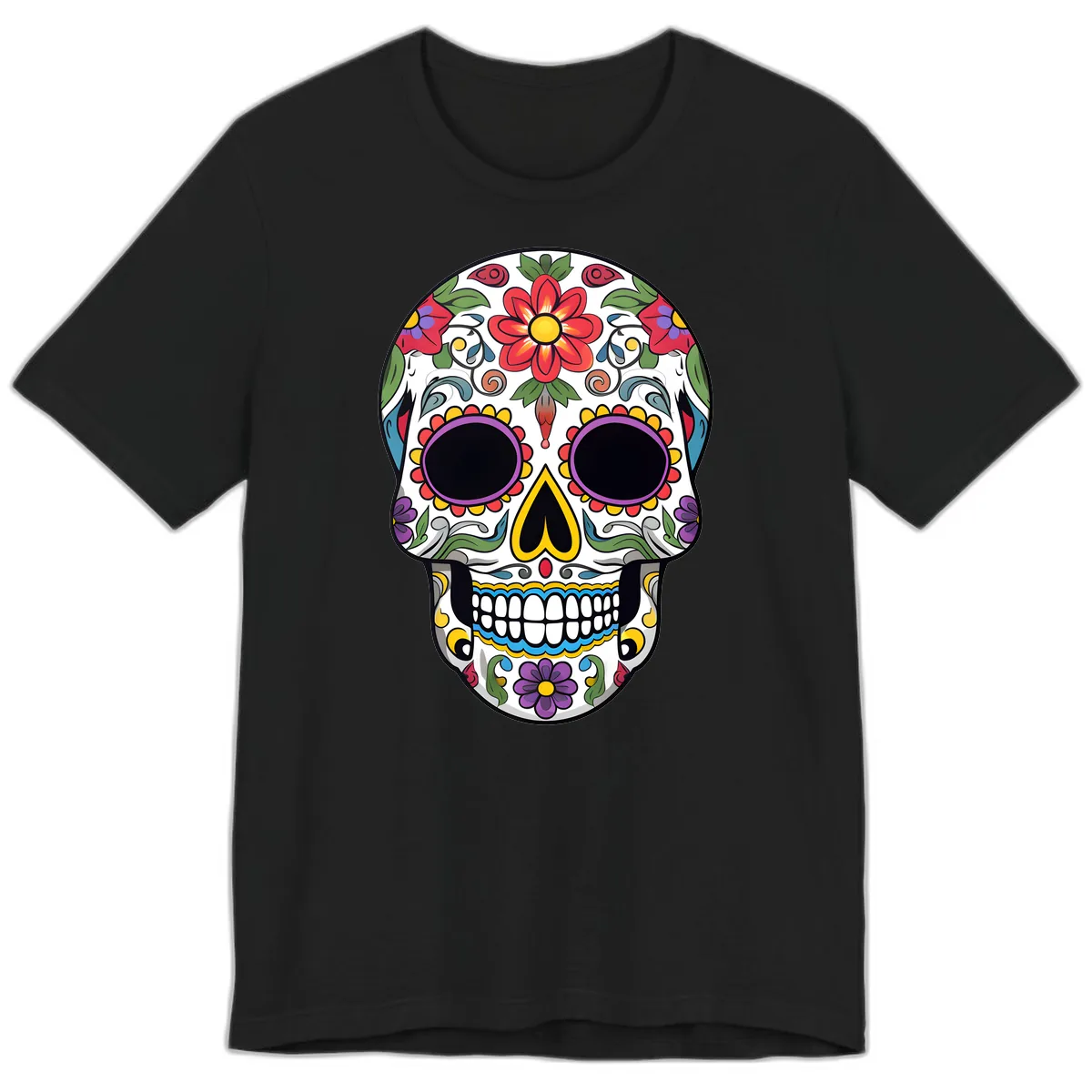 Vibrant Floral Calavera Sugar Skull Premium T-Shirt in Black