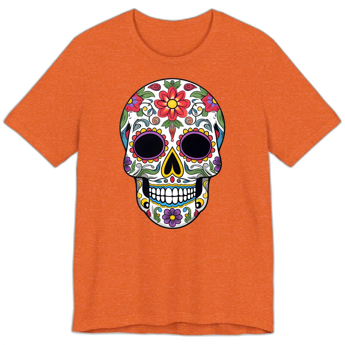 Vibrant Floral Calavera Sugar Skull Premium T-Shirt in Heather Orange