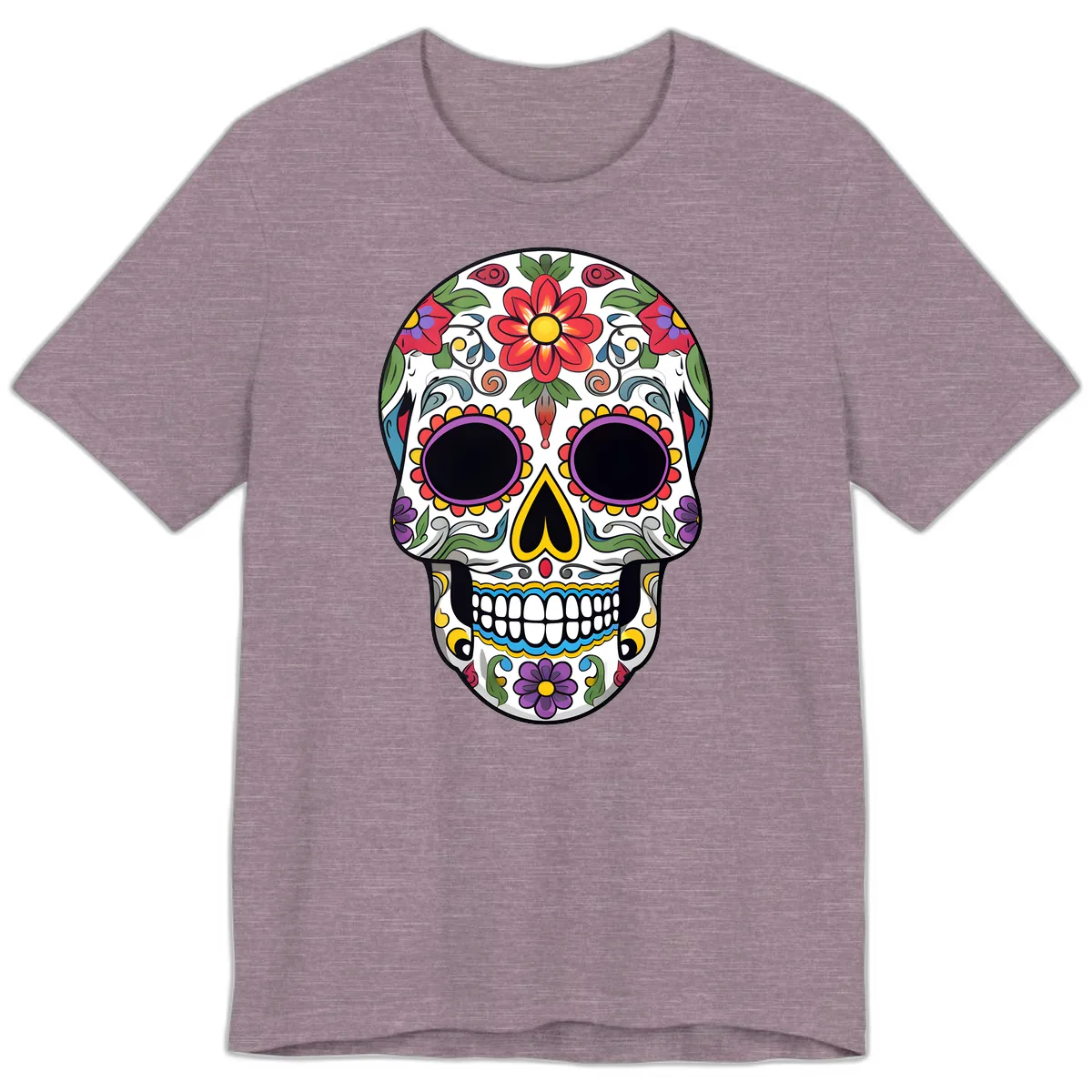Vibrant Floral Calavera Sugar Skull Premium T-Shirt in Heather Purple