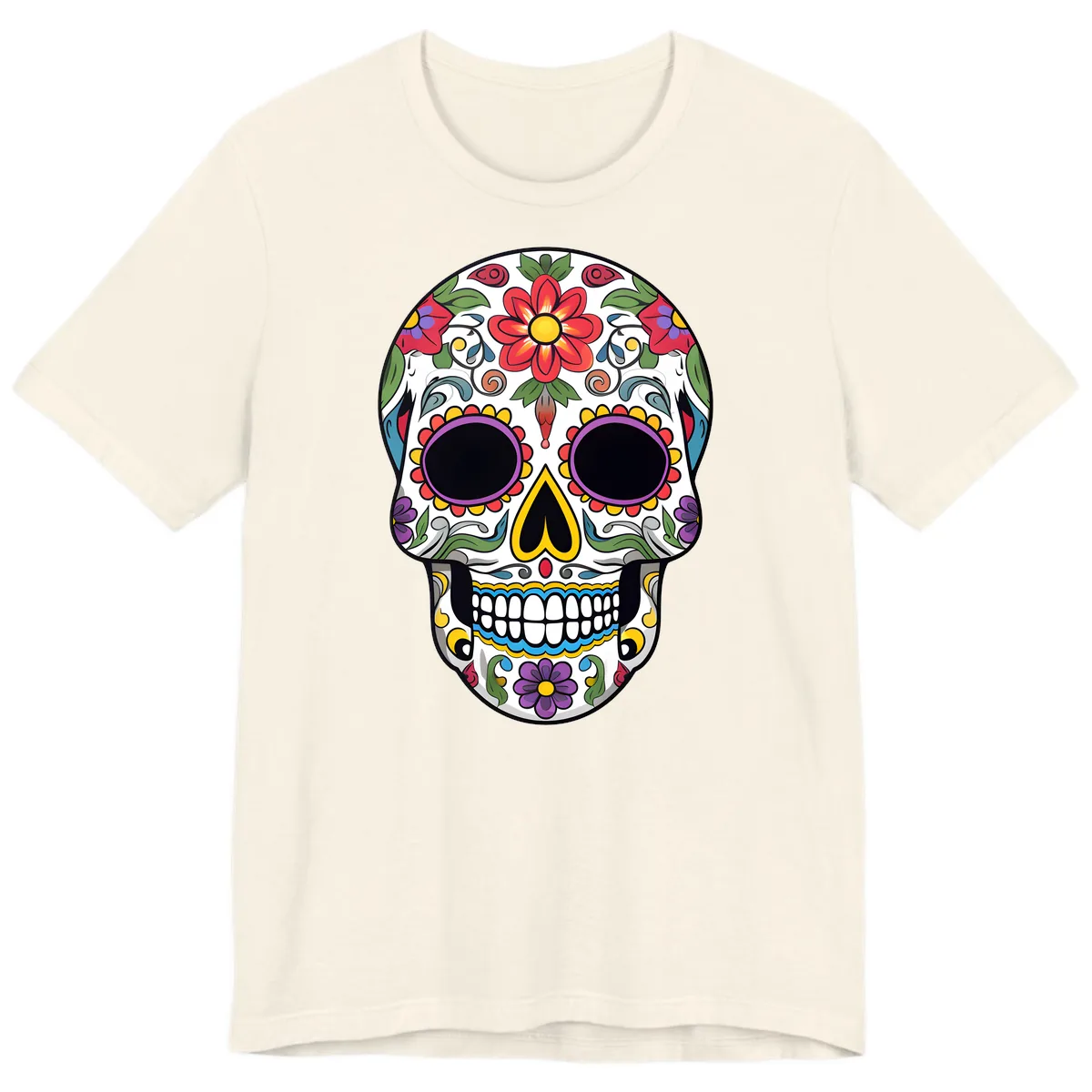 Vibrant Floral Calavera Sugar Skull Premium T-Shirt in Natural