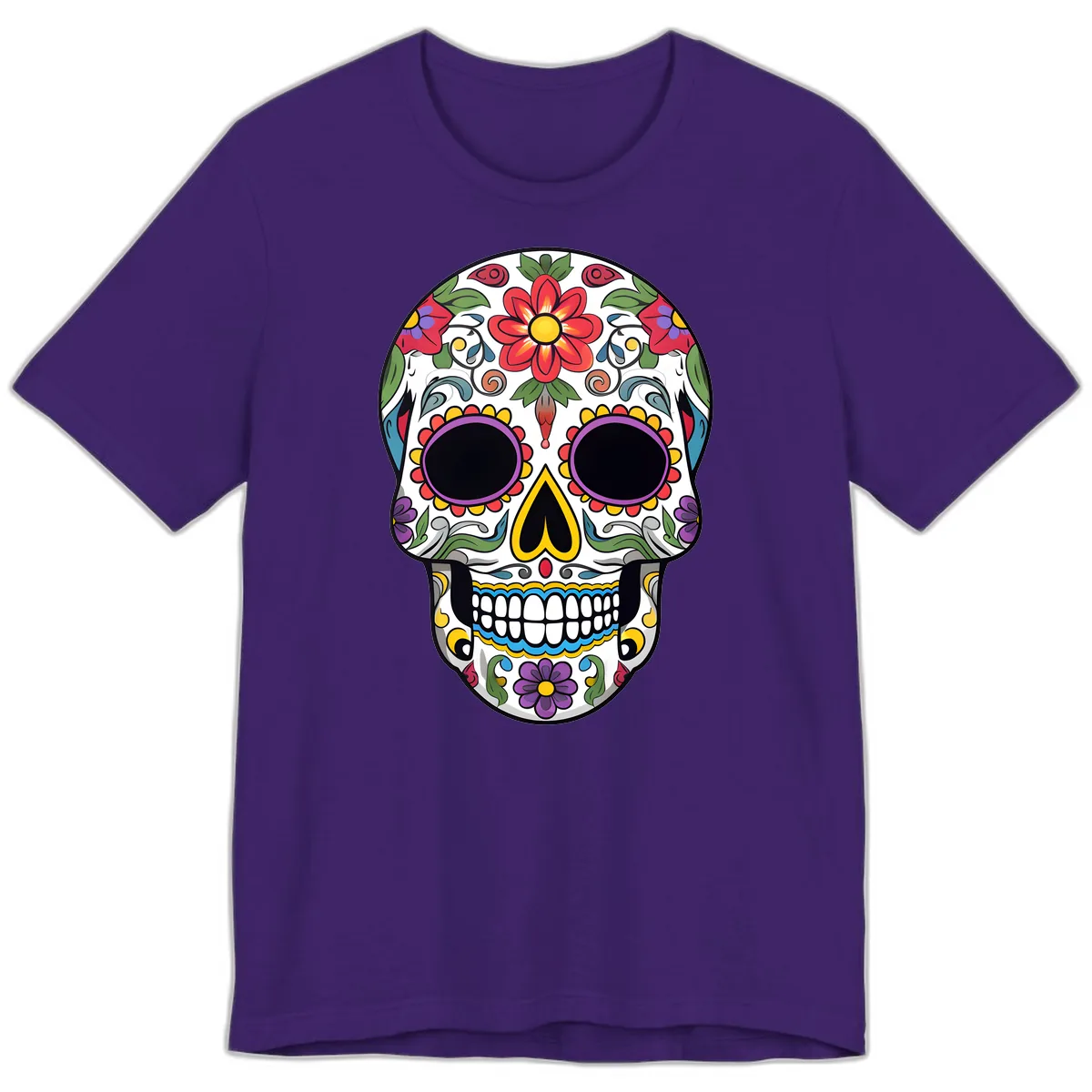 Vibrant Floral Calavera Sugar Skull Premium T-Shirt in Team Purple
