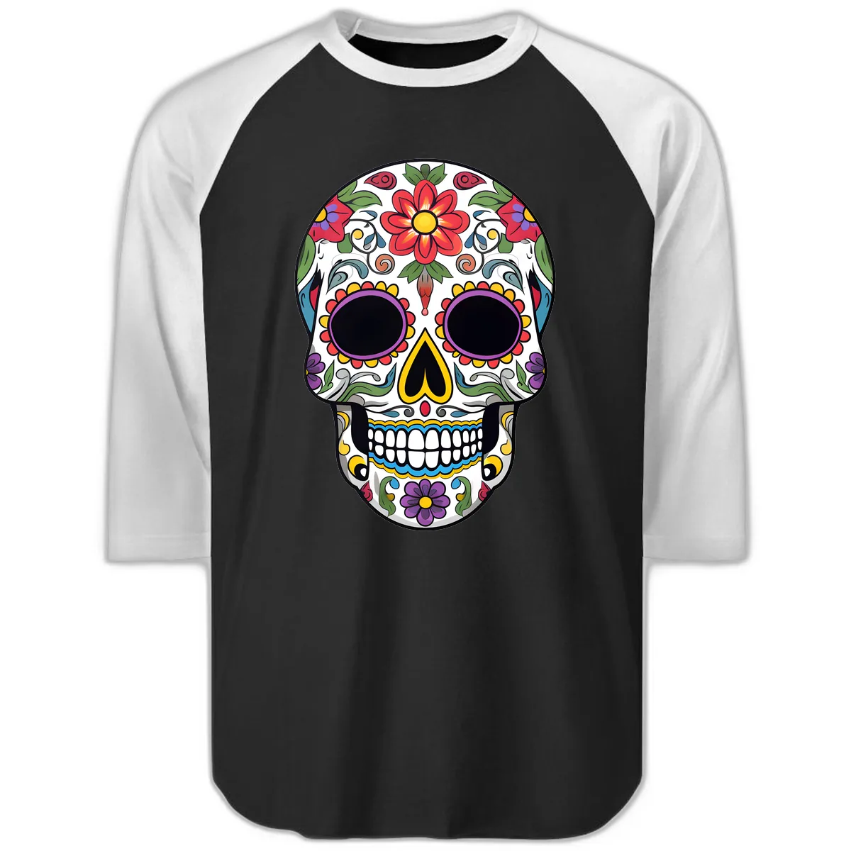 Vibrant Floral Calavera Sugar Skull Raglan 3/4 in Black White