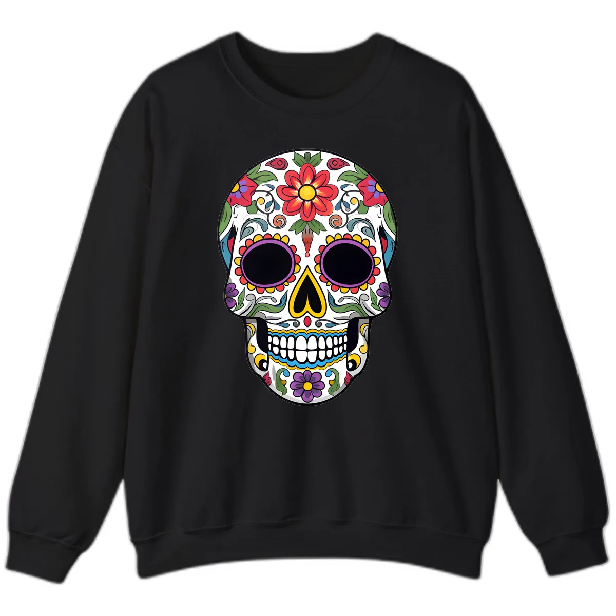 Vibrant Floral Calavera Sugar Skull Sweatshirt in Black