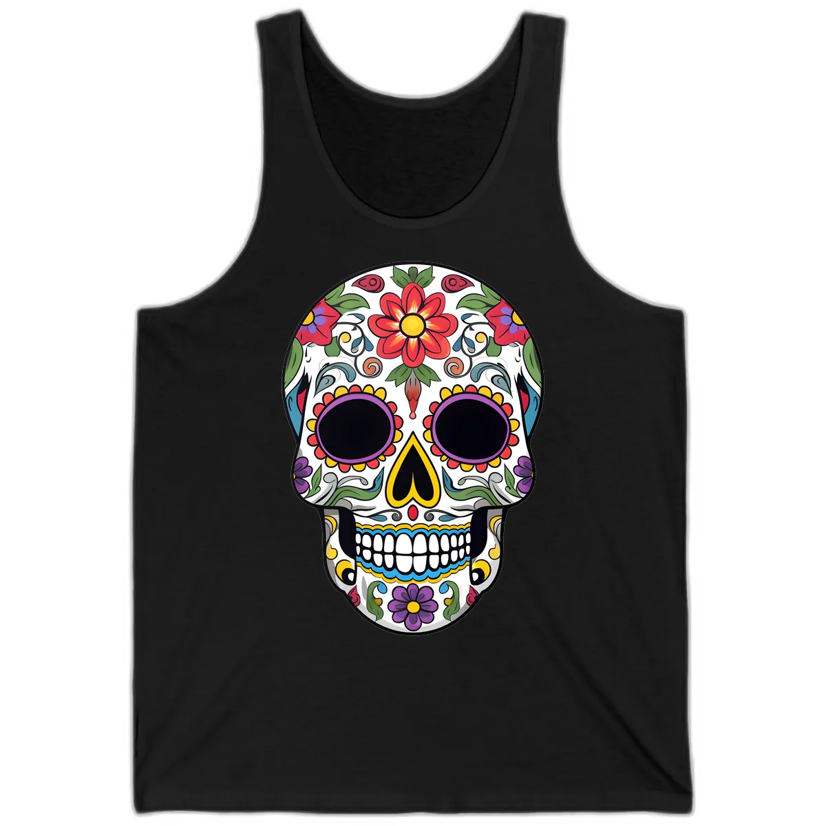 Vibrant Floral Calavera Sugar Skull Tank in Black
