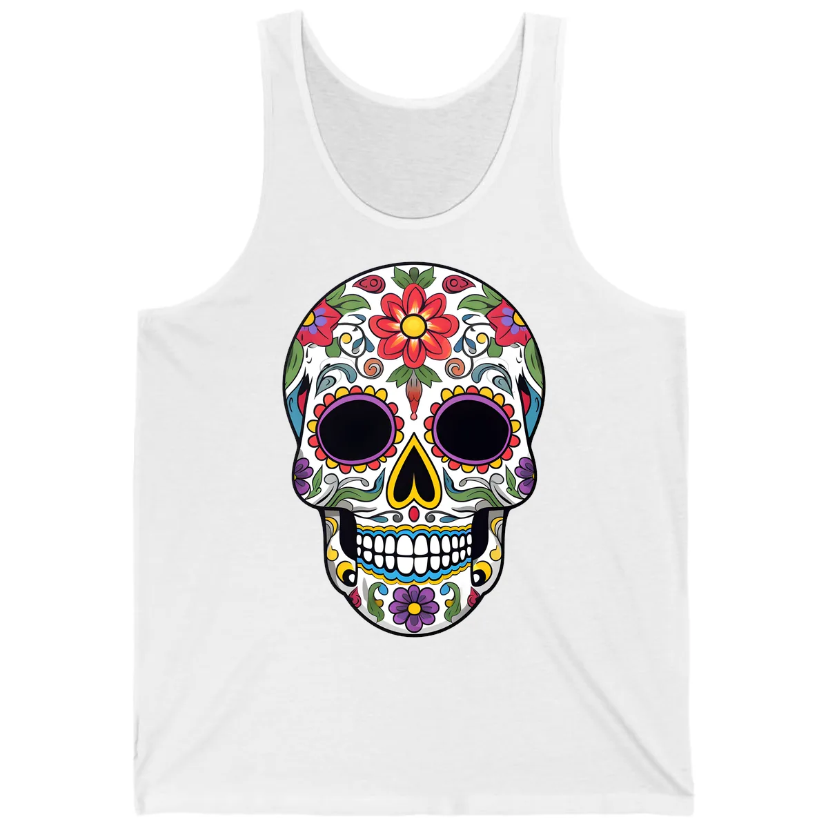 Vibrant Floral Calavera Sugar Skull Tank in White
