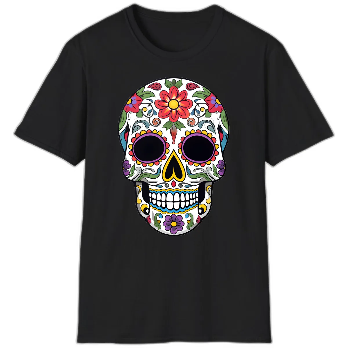 Vibrant Floral Calavera Sugar Skull T-Shirt in Black