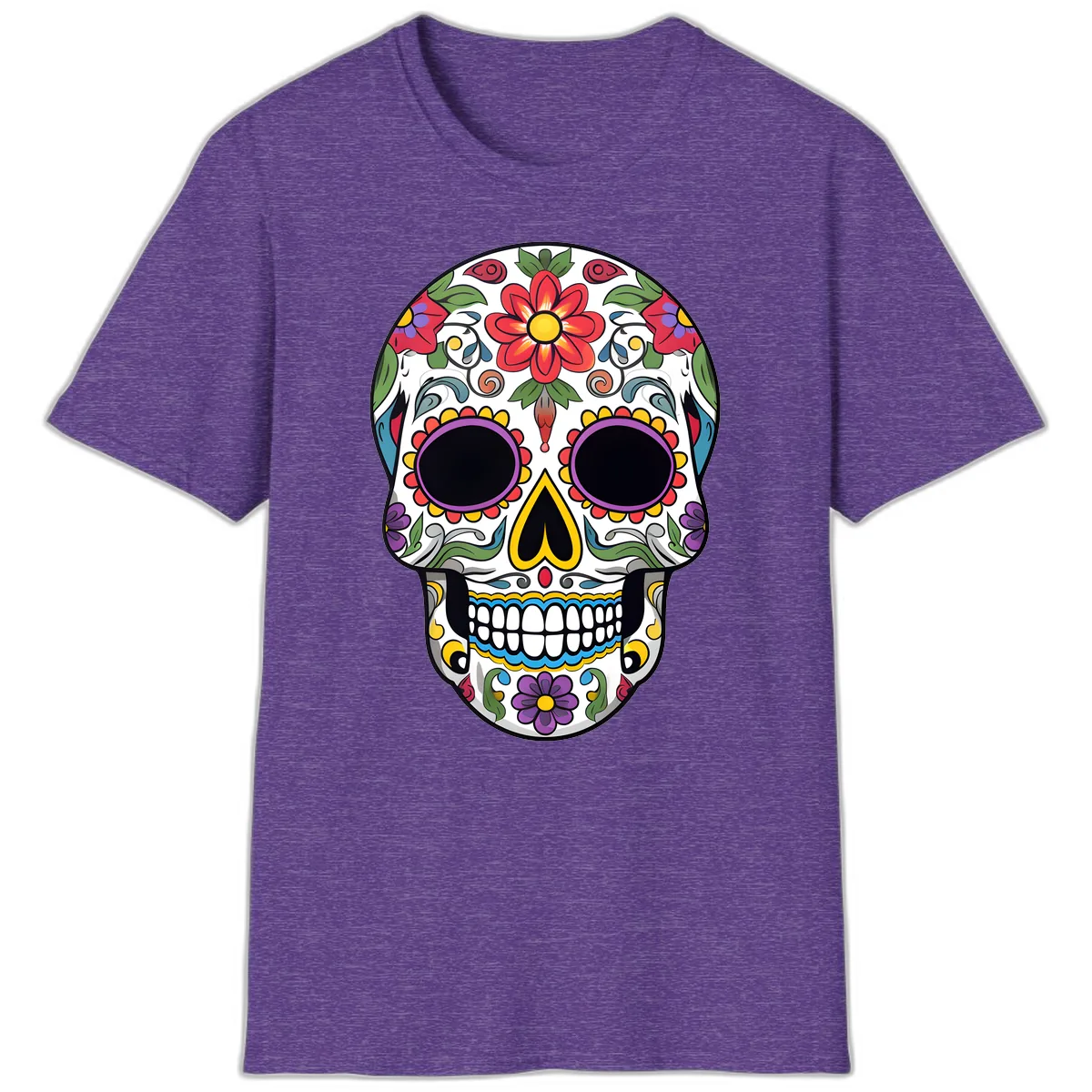 Vibrant Floral Calavera Sugar Skull T-Shirt in Heather Purple