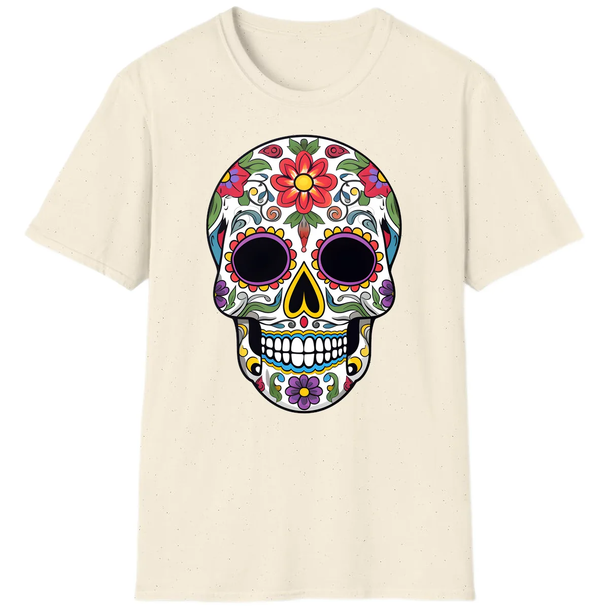 Vibrant Floral Calavera Sugar Skull T-Shirt in Natural