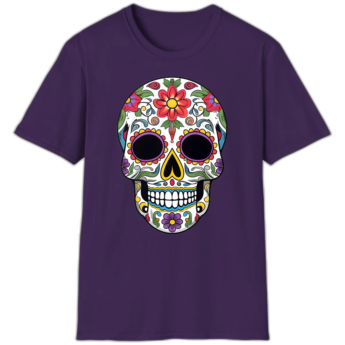 Vibrant Floral Calavera Sugar Skull T-Shirt in Purple