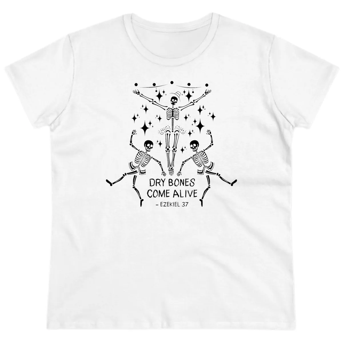 Dry Bones Come Alive Dancing Skeletons Ladies Tee in White