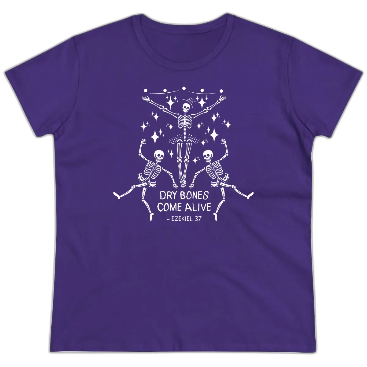 Dry Bones Come Alive Dancing Skeletons Ladies Tee in Purple