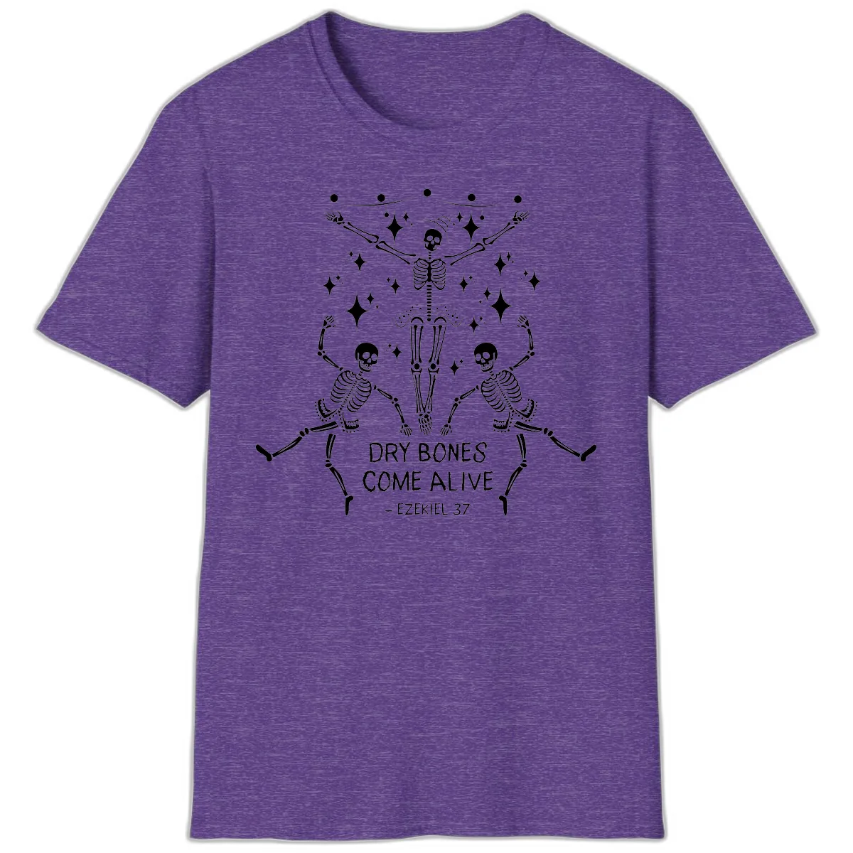 Dry Bones Come Alive Dancing Skeletons T-Shirt in Heather Purple