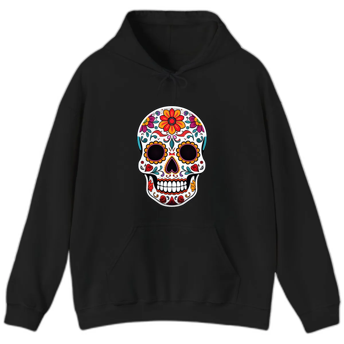 Vibrant Floral Día de los Muertos Sugar Skull Hoodie in Black