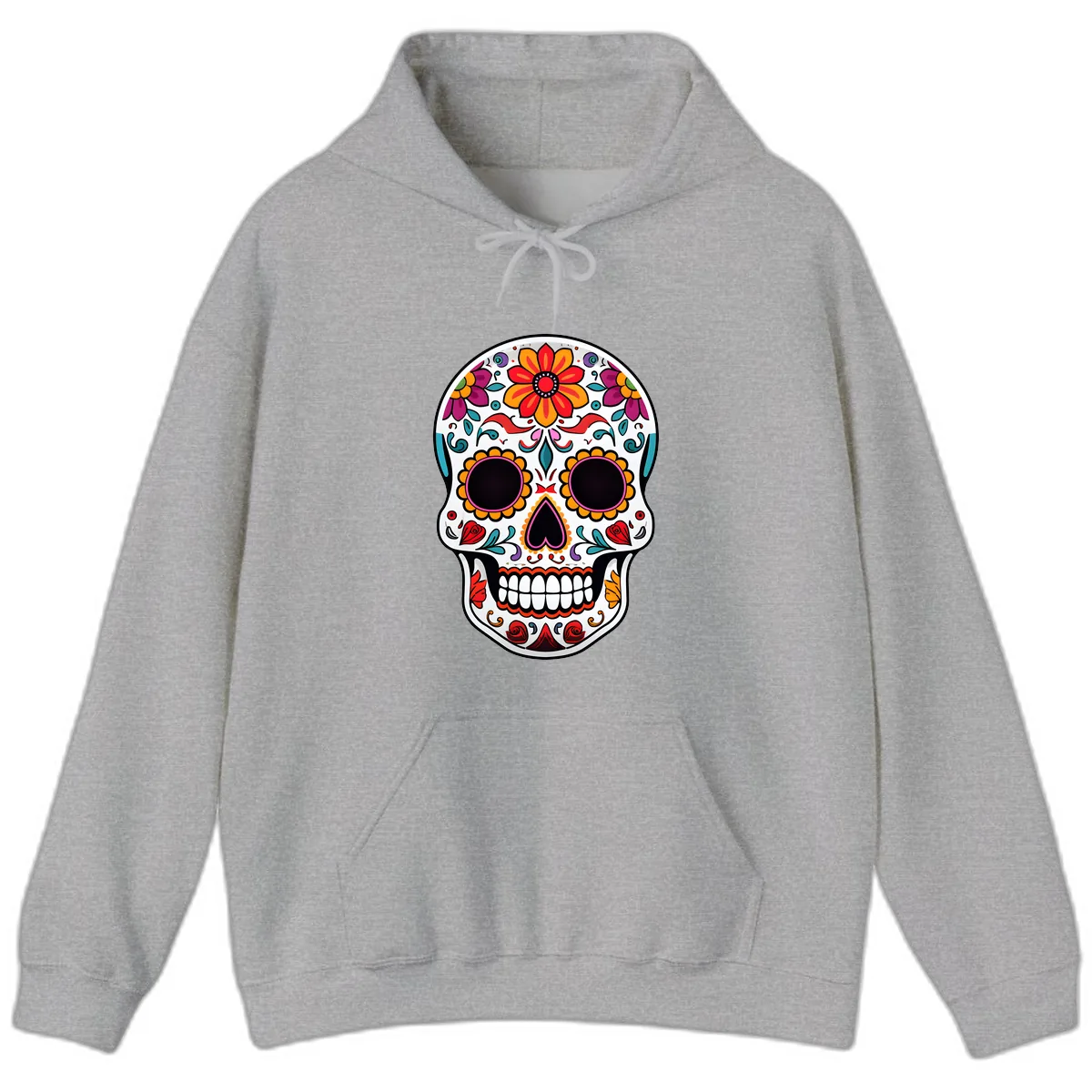 Vibrant Floral Día de los Muertos Sugar Skull Hoodie in Sport Grey