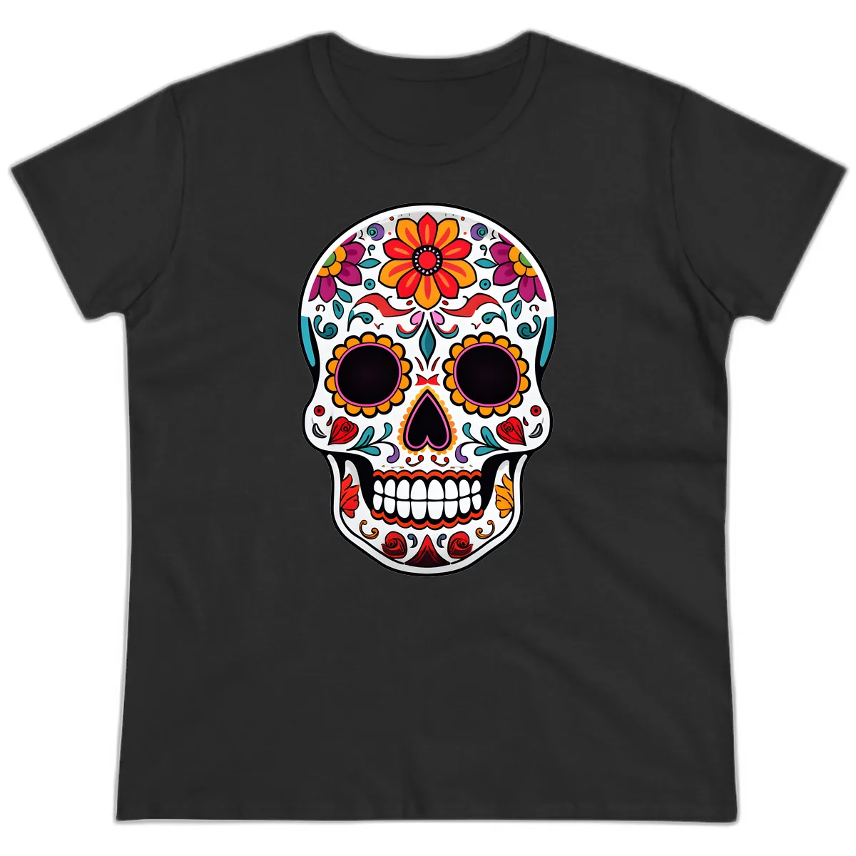 Vibrant Floral Día de los Muertos Sugar Skull Ladies Tee in Black