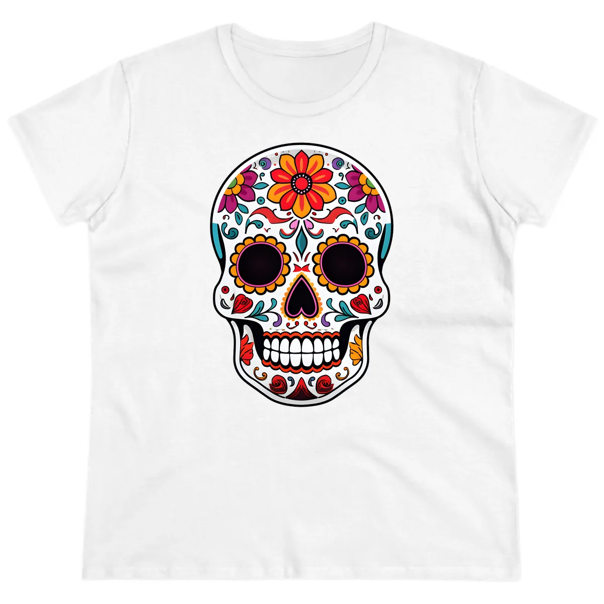 Vibrant Floral Día de los Muertos Sugar Skull Ladies Tee in White